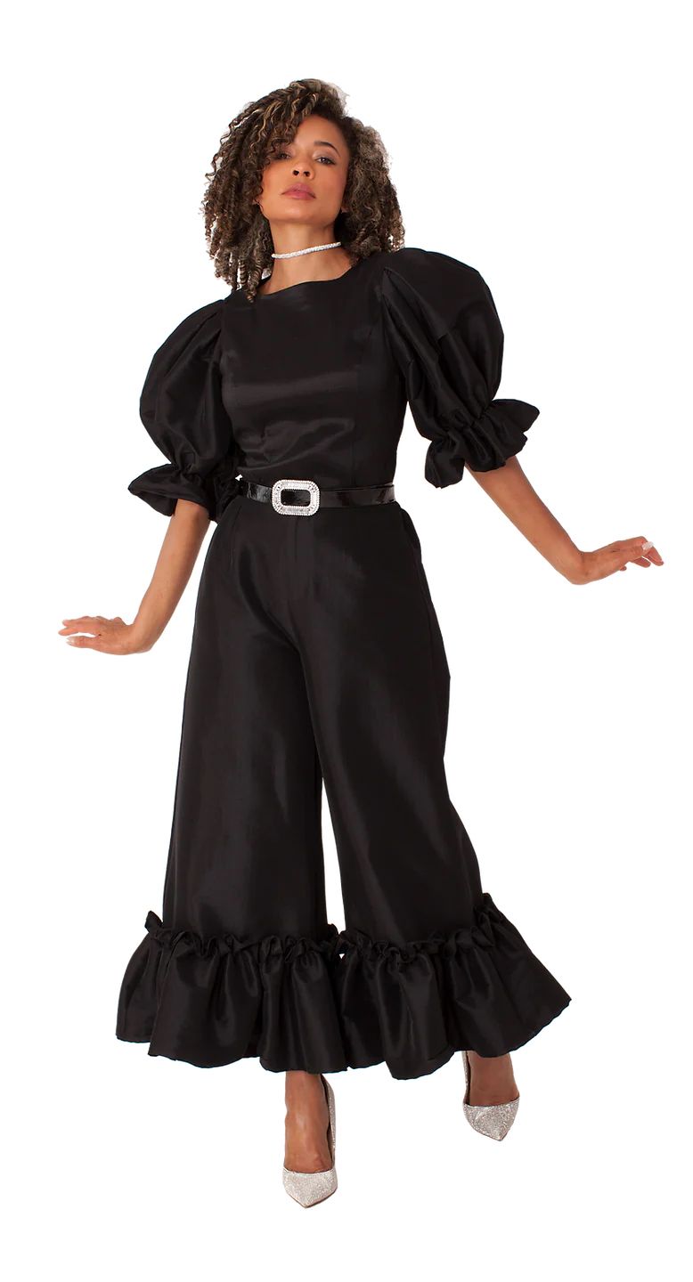A woman is wearing a black jumpsuit with ruffles on the bottom