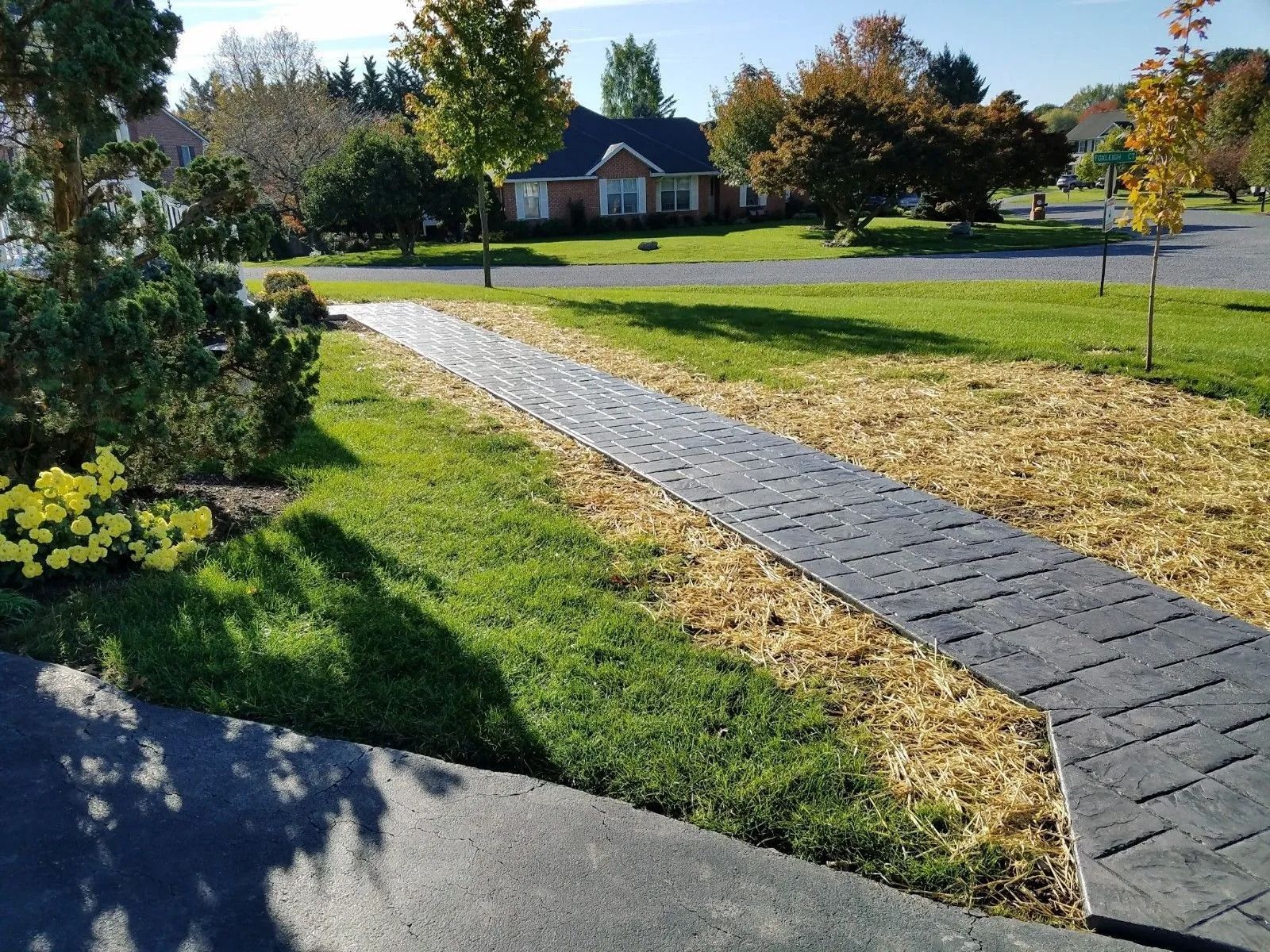 Asphalt walkway with grey pavers through grassy yard towards a house.