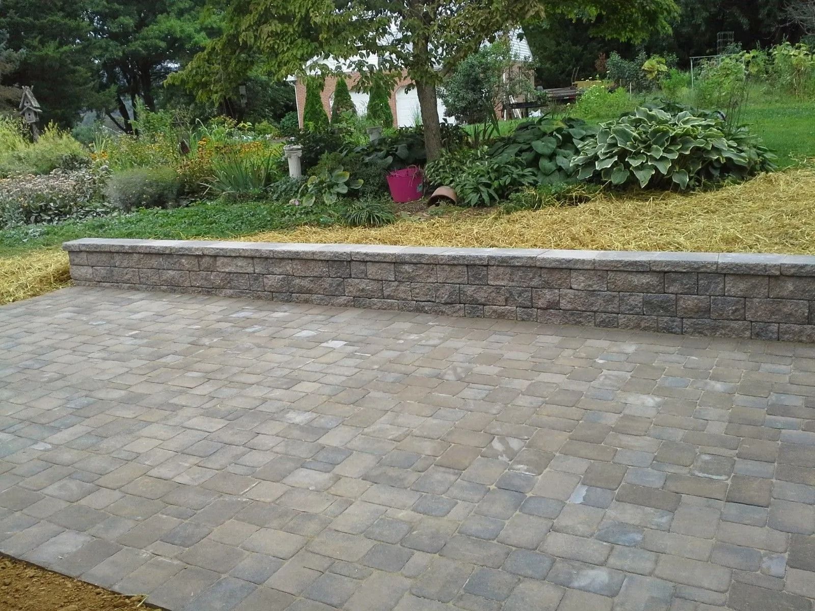 Brick patio with retaining wall, hillside garden, and tree.