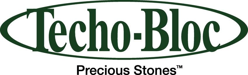 Techo-Bloc logo with dark green text inside a dark green oval and