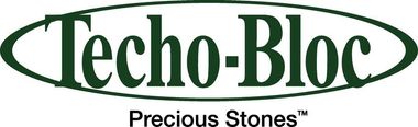 Techo-Bloc logo with dark green text inside a dark green oval and