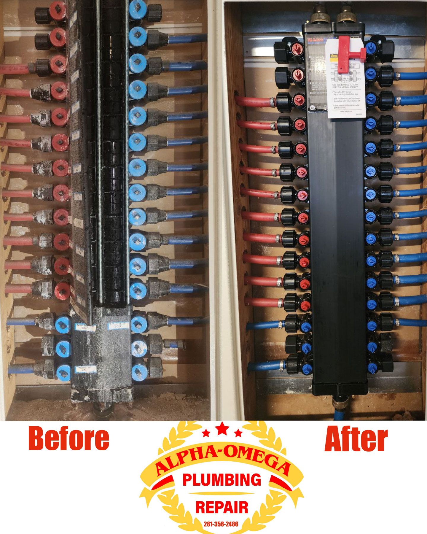 A before and after picture of a plumbing box from alpha-omega plumbing repair