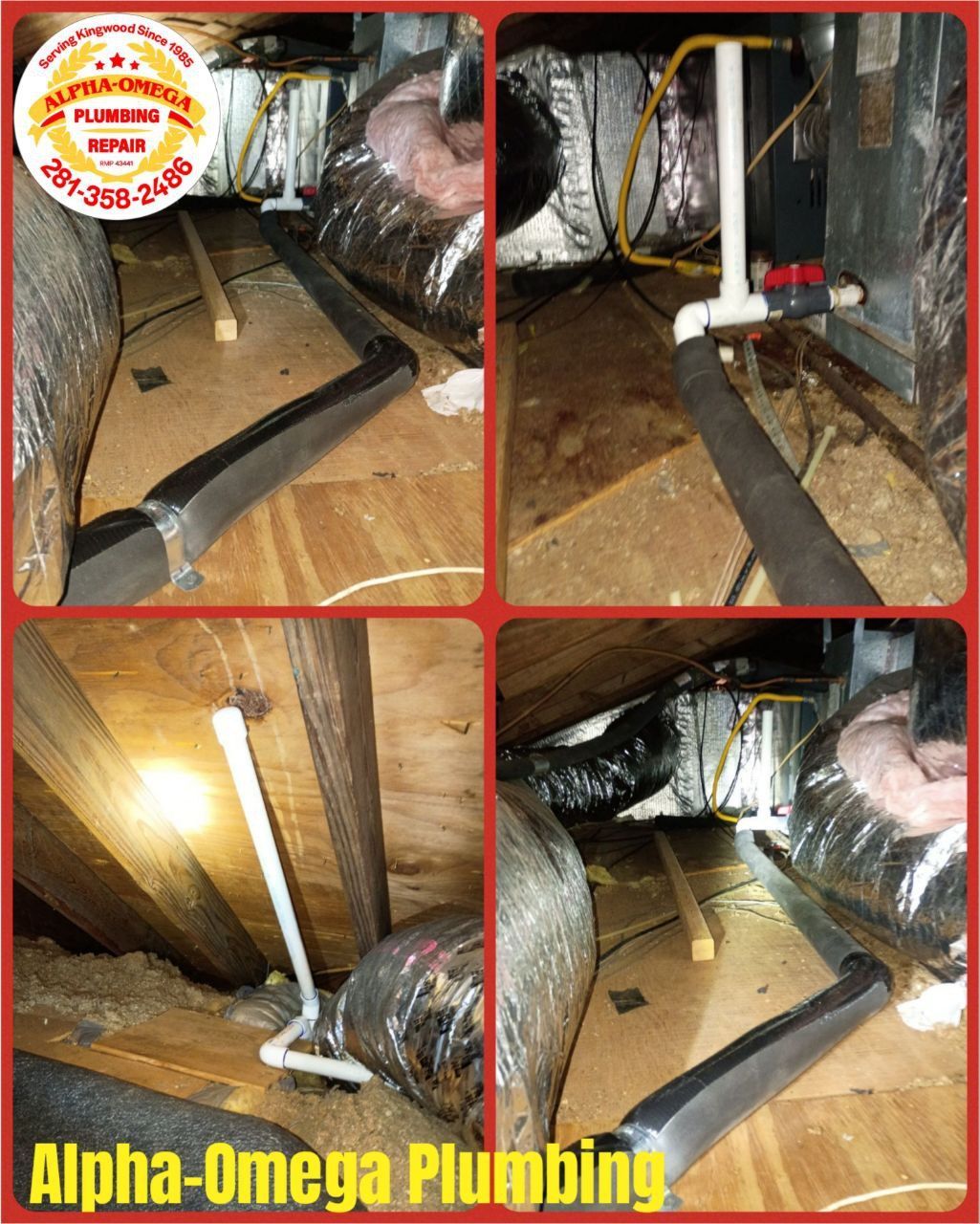 Plumbing work in an attic: pipes, insulation, and supports. The Alpha-Omega Plumbing logo is in the corner.