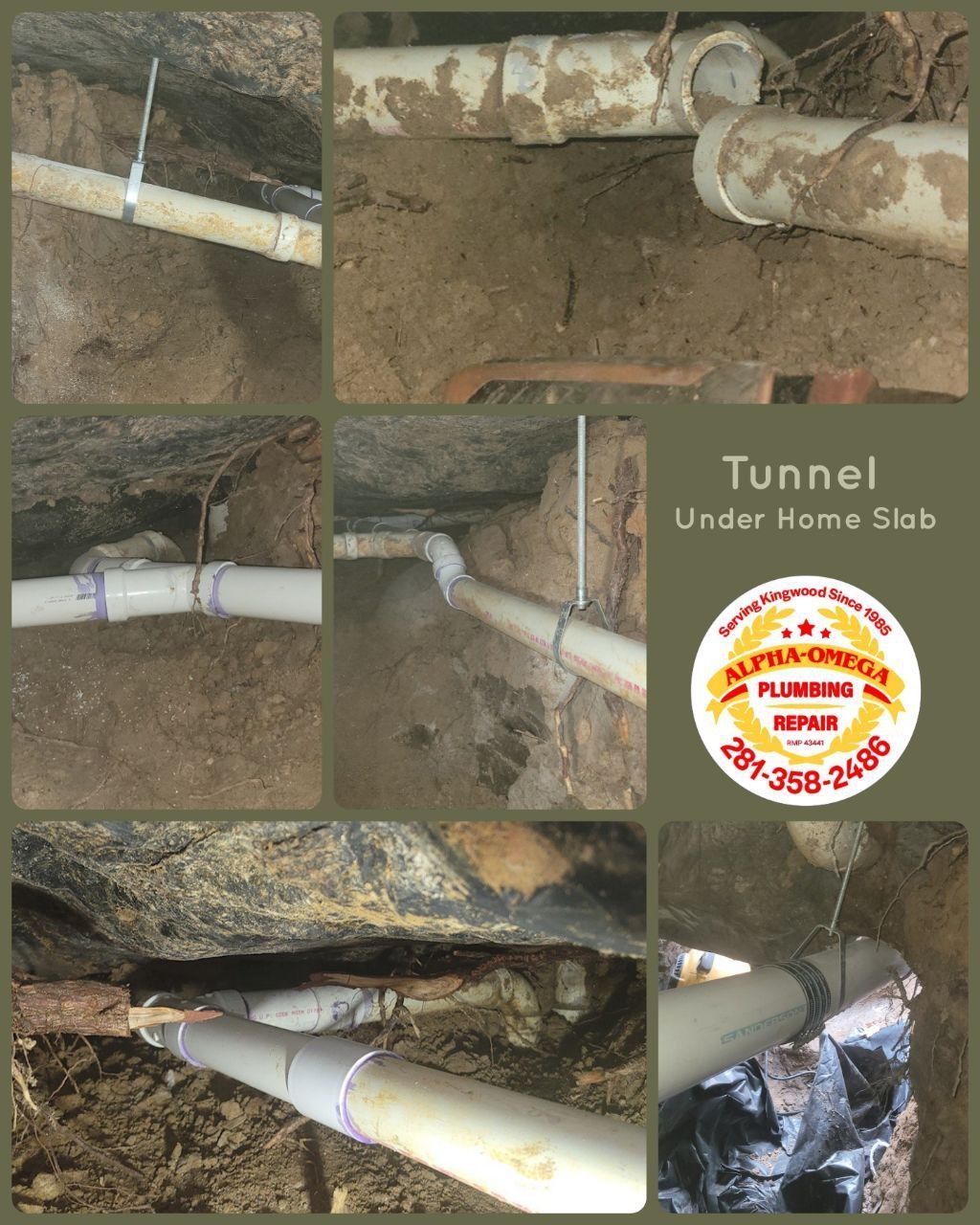 Plumbing pipes in a tunnel beneath a home slab; Alpha Omega Plumbing logo is visible.