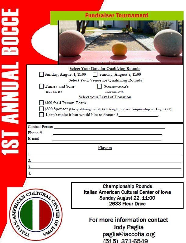 A flyer for the 1st annual bocce fundraiser tournament
