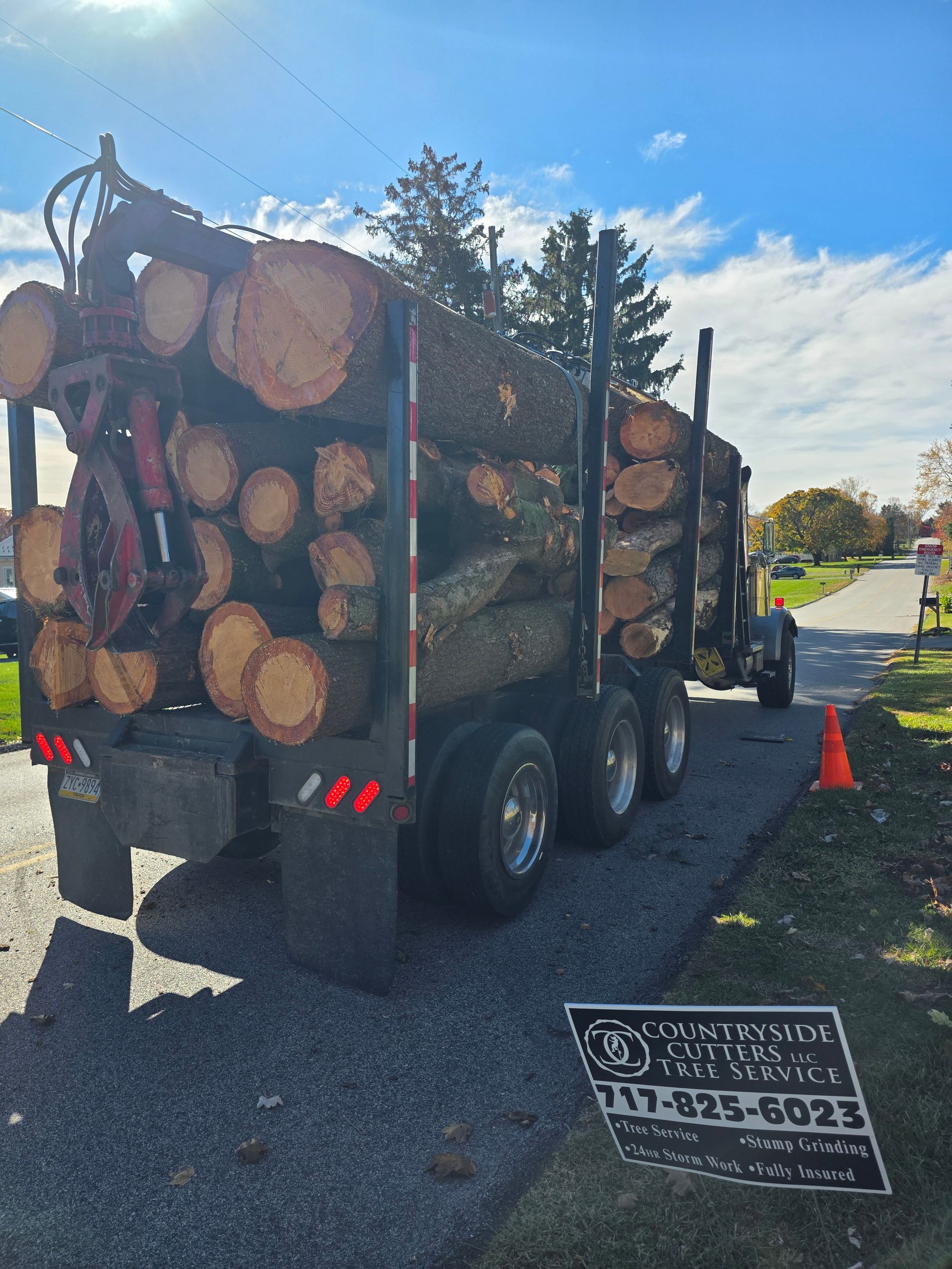 Log truck loaded with logs parked on gravel next to a road, sunshine overhead, signage in the foreground.