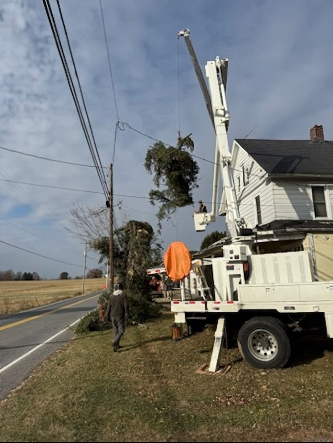 Tree trimming service using a truck with a lift bucket, near power lines and a house. A worker walks by.