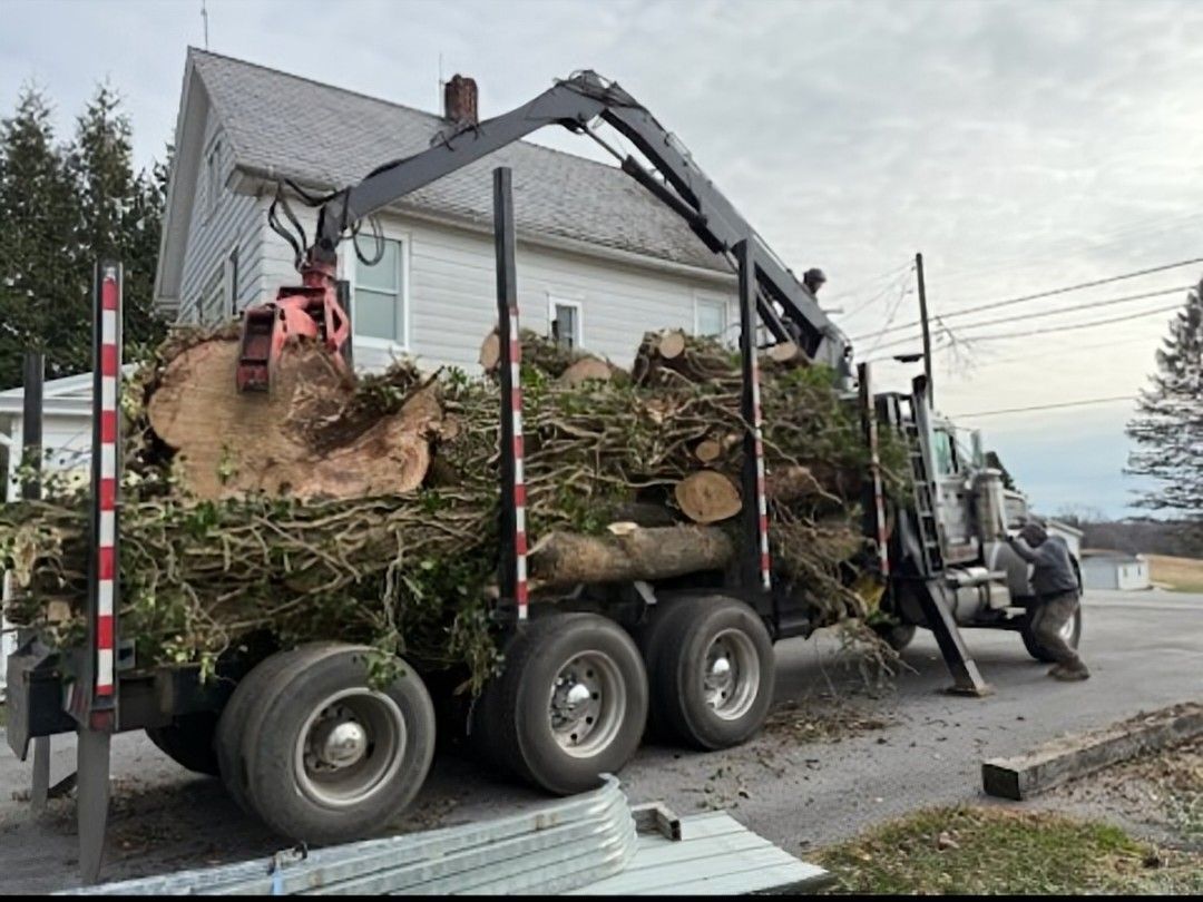 A log truck with a crane loads tree branches and logs in front of a house.