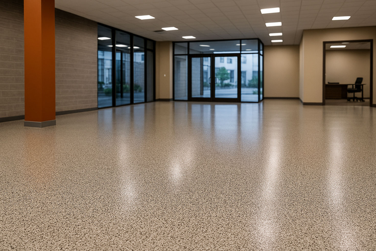 Commercial concrete floor coating in a modern Chicagoland business interior