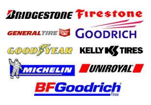 Bridgestone, Firestone, General, Goodrich, Goodyear, Kelly, Michelin, Uniroyal, B.F. Goodrich Logos