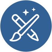 White paintbrush and pencil crossed, two stars, on blue circle.