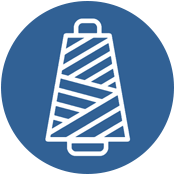 Spool of thread icon, white on a blue background.