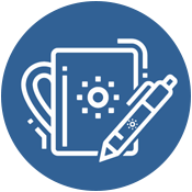 White notebook, pen, and backpack icon with sun-like design on blue circle.