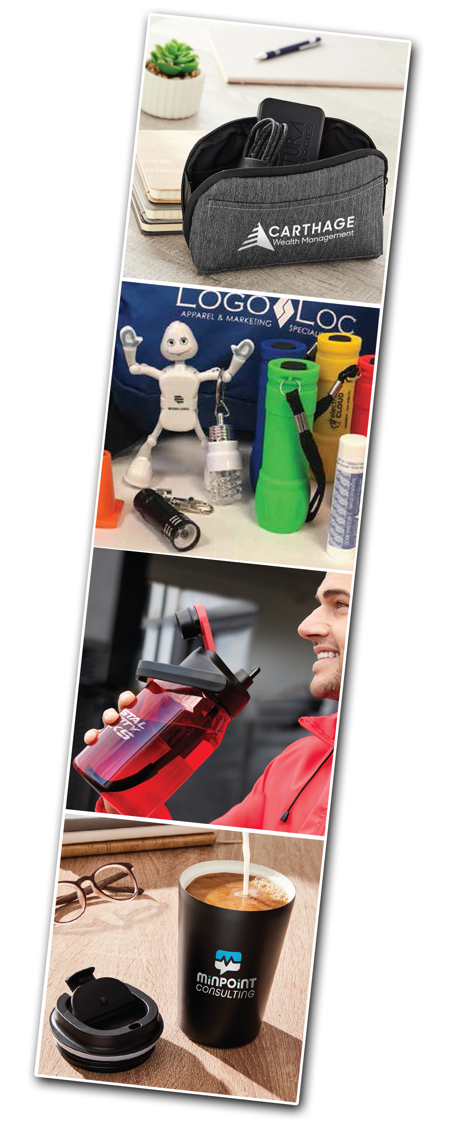 A collage of pictures of a man holding a water bottle and a cup of coffee.