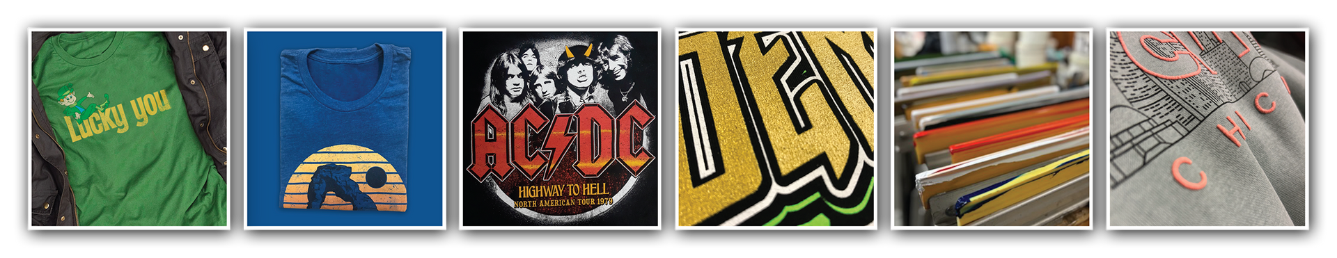 A collage of pictures of various t-shirts including ac dc