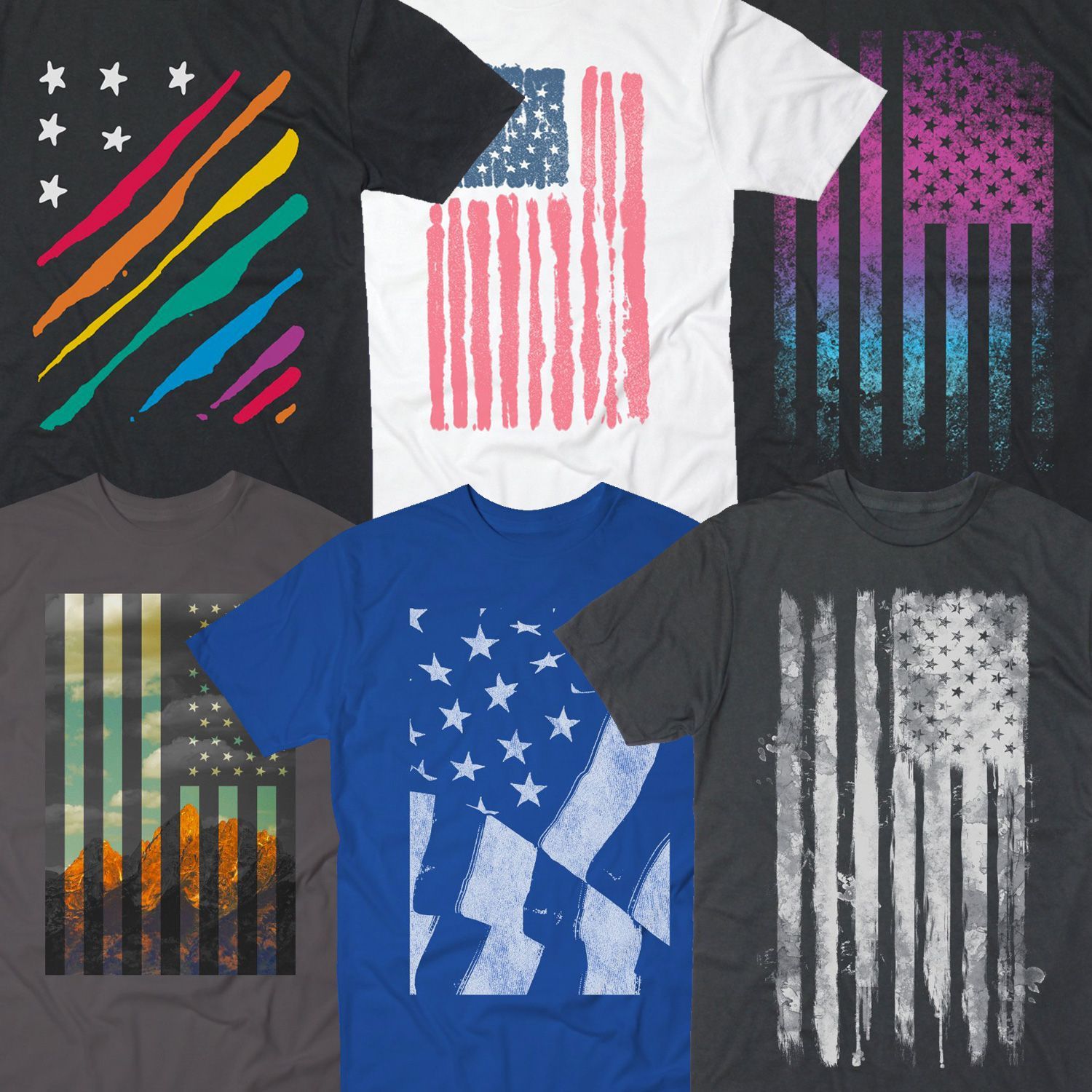 A collection of t-shirts with american flags on them