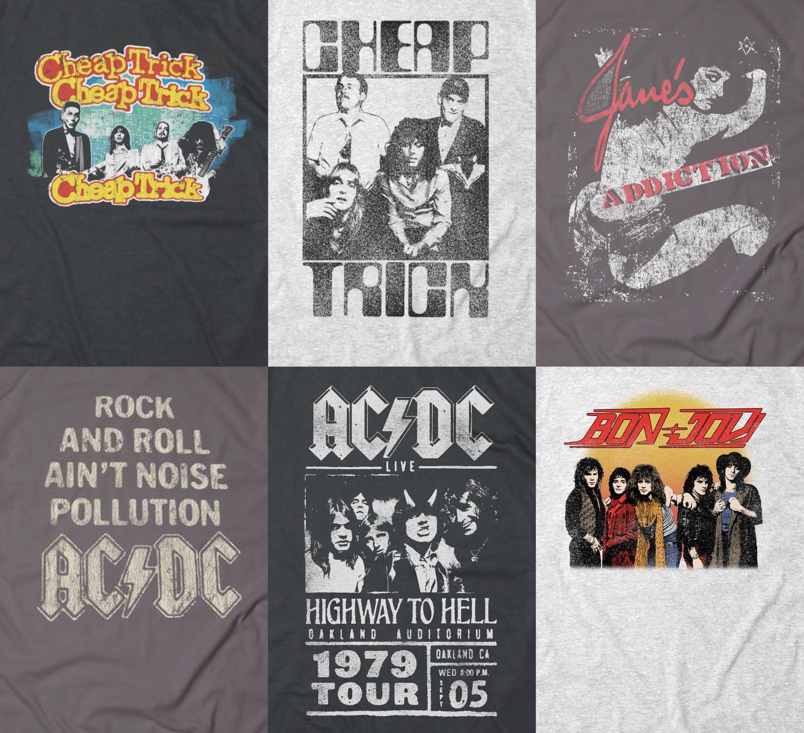 A collection of rock and roll t-shirts including cheap trick and ac/dc