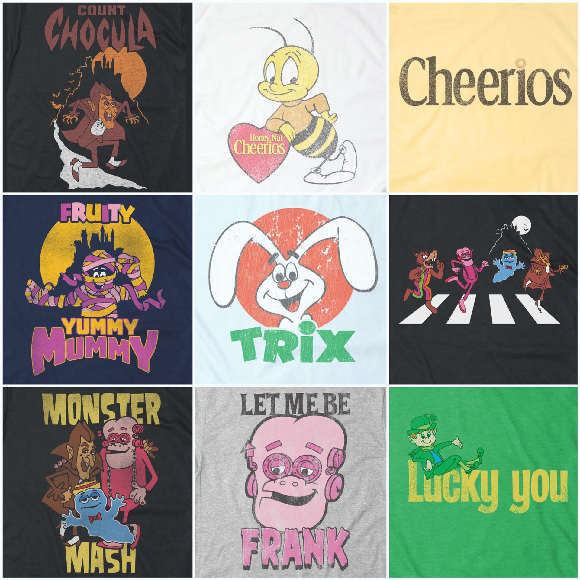 A bunch of t-shirts with cartoon characters on them