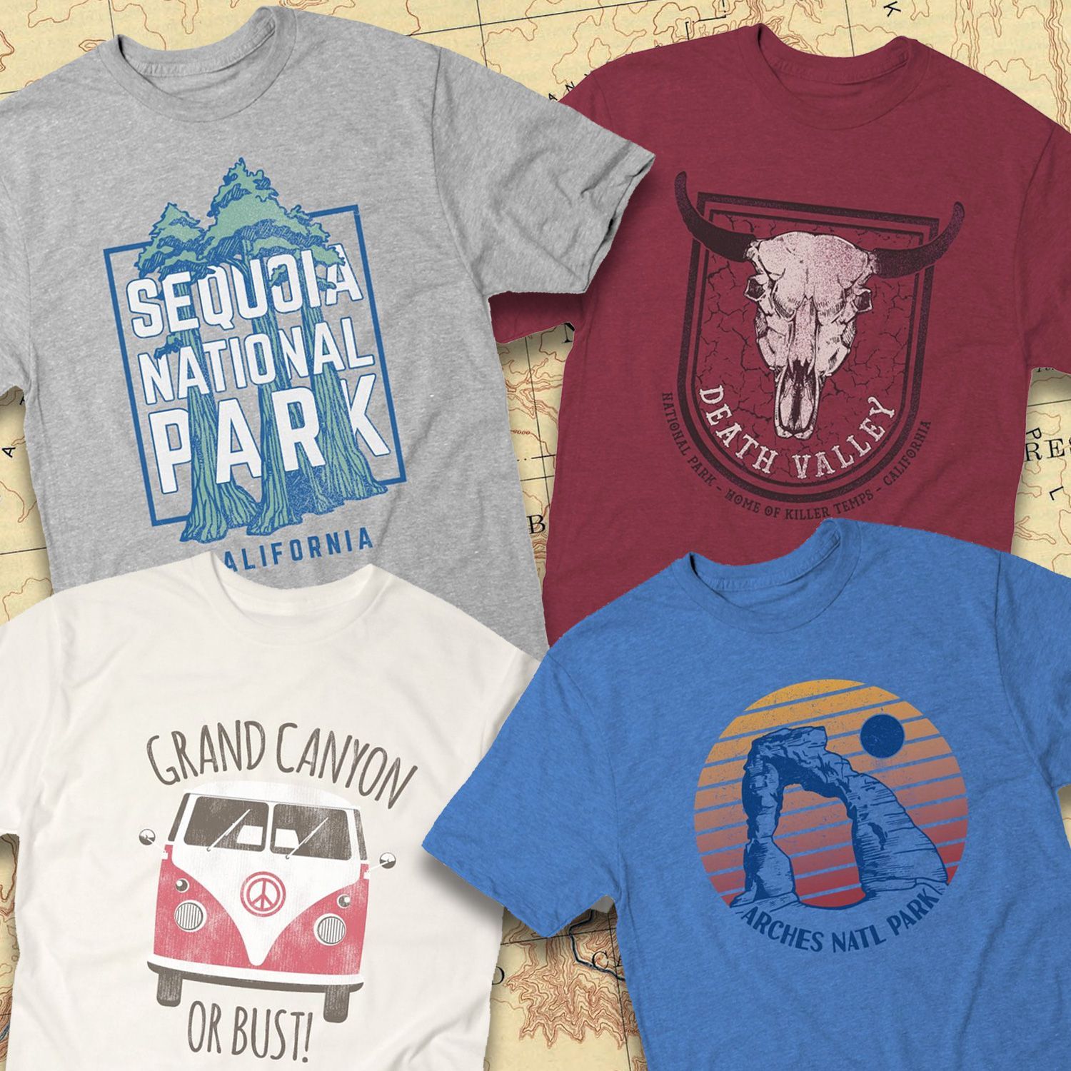 Several t-shirts are displayed including one that says sequoia national park