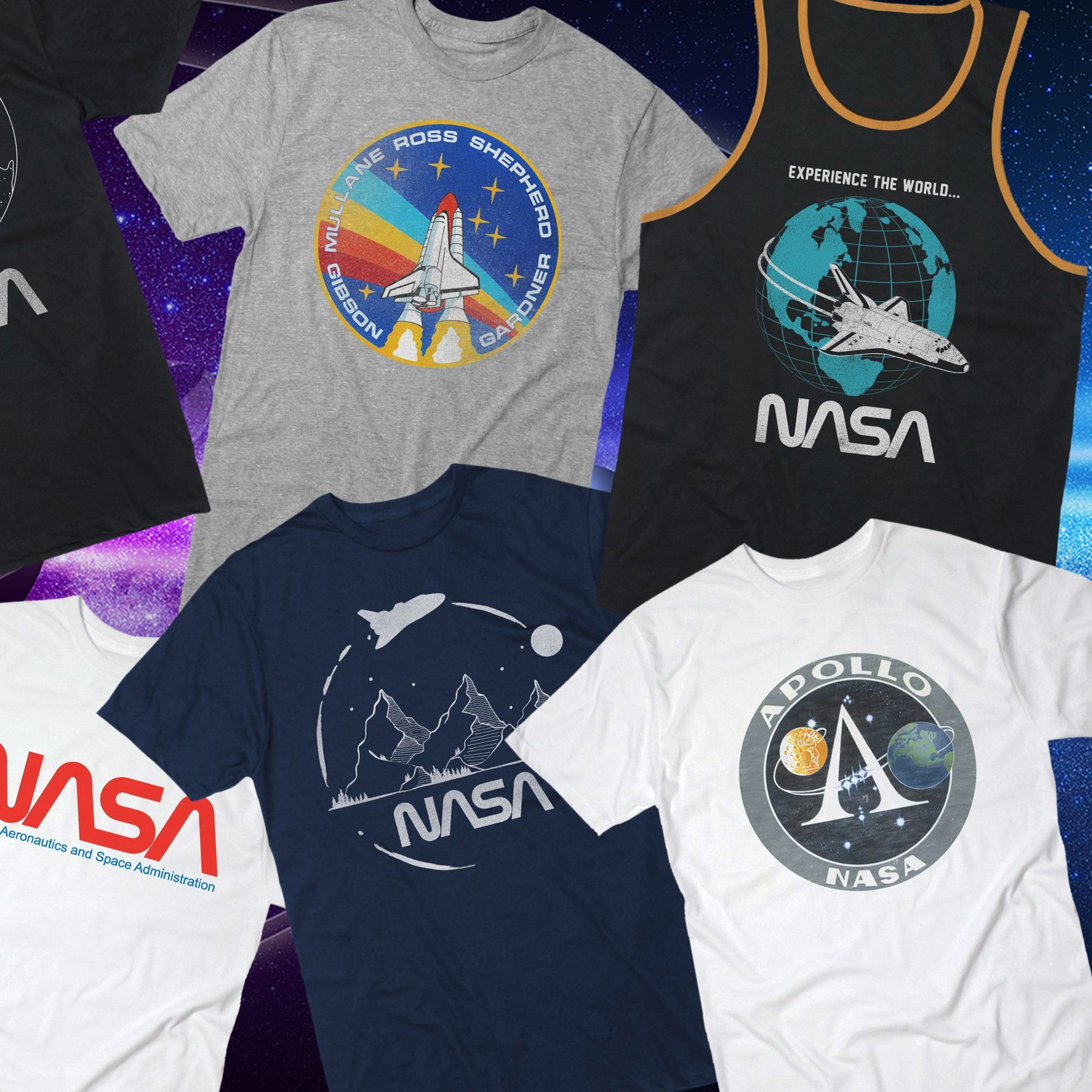 A collage of nasa t-shirts and tank tops