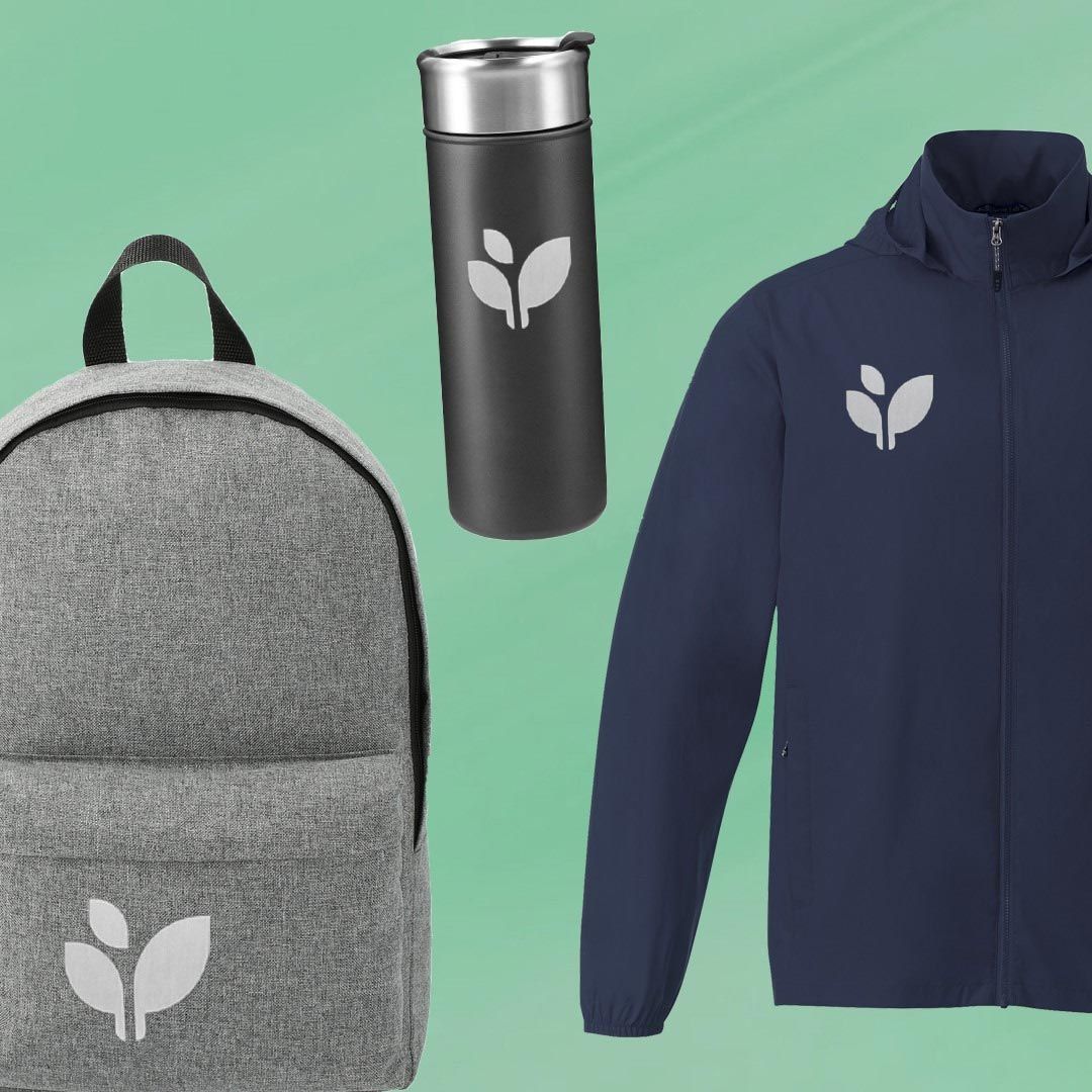 A backpack , a bottle , and a jacket are on a green background.