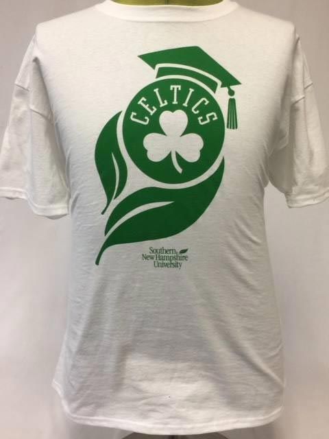 A white t-shirt with the word celtics on it