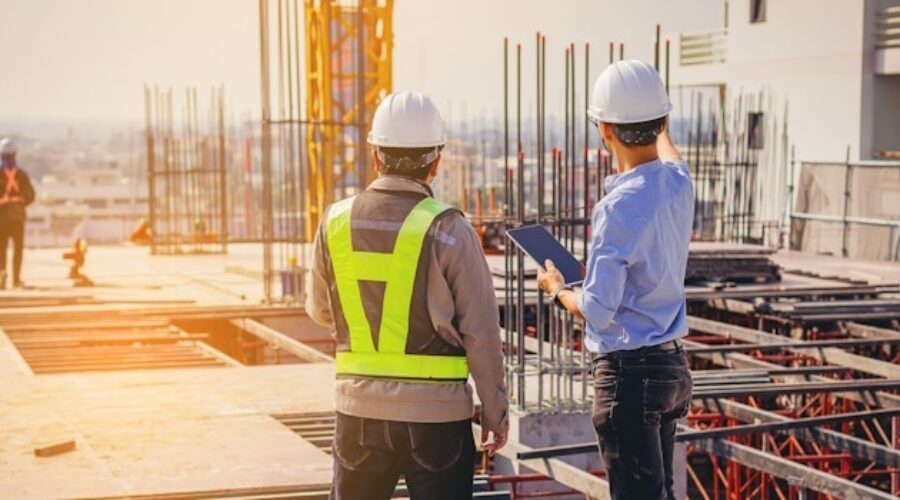Two construction workers, one in a safety vest, reviewing plans on a tablet at a construction site.