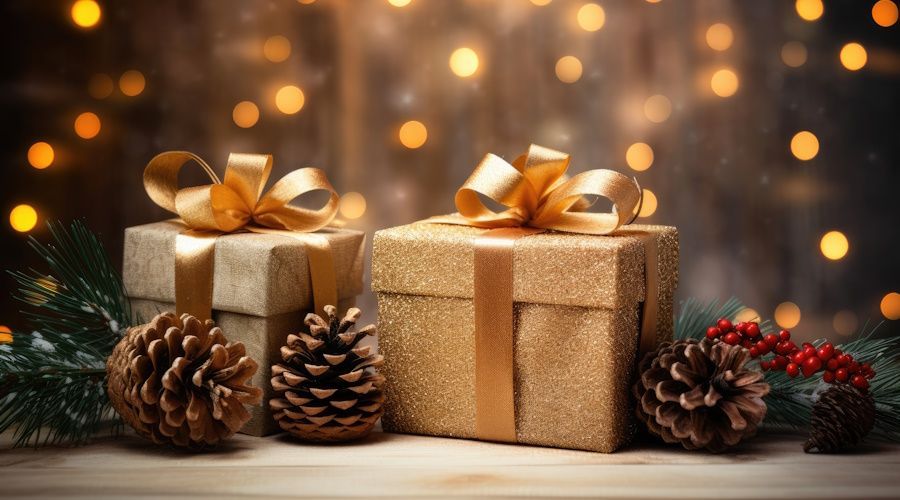 Two wrapped gifts with gold bows, pine cones, and Christmas lights in the background.