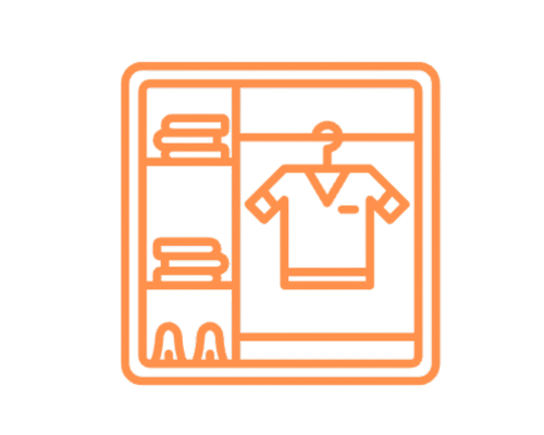 Orange line art of a closet, with clothes on shelves, hanging shirt, and shoes.