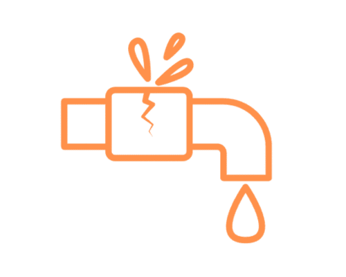Orange illustration of a cracked pipe leaking water, with splashing and a falling drop.
