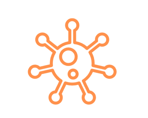 Orange stylized illustration of a virus with a central sphere and surrounding circular protrusions.