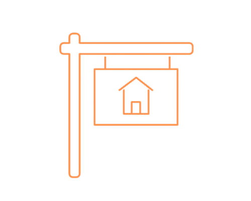 Orange outline of a real estate sign with a house symbol.