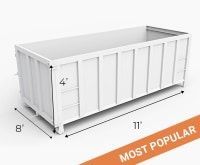 White dumpster with labeled dimensions: 11' long, 8' wide, and 4' tall. 