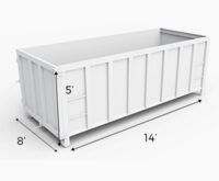 White dumpster with dimensions labeled: 14' long, 8' wide, and 5' tall.