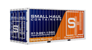 Blue and orange Small Haul Containers, for mobile storage and dumpster rental.