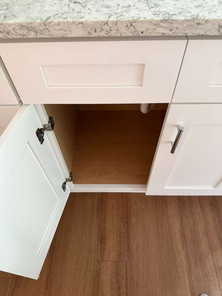 Open cabinet under a countertop, showing empty storage space and a wood floor.