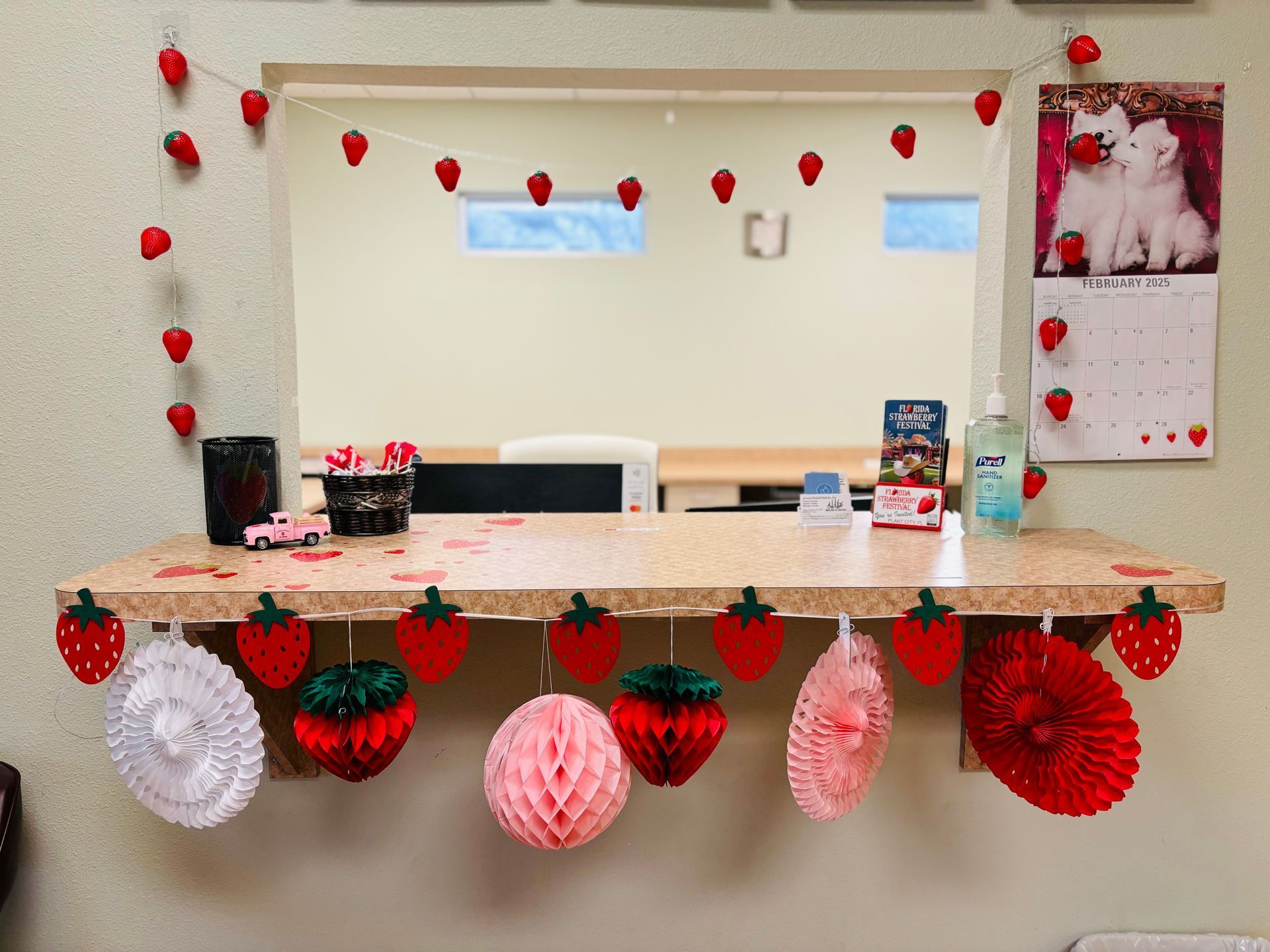 A counter decorated with strawberries