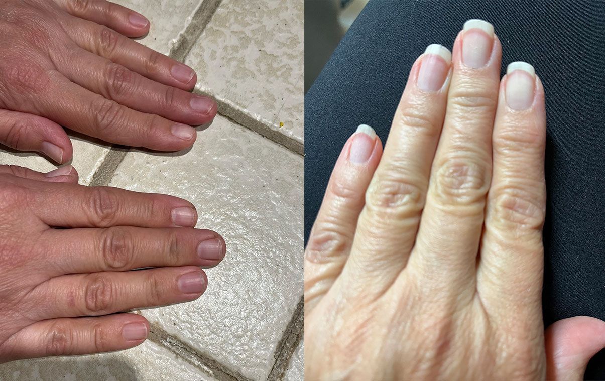 Two hands, one on tile, the other on fabric. Both show wrinkled skin and fingers; nails on the right are manicured.
