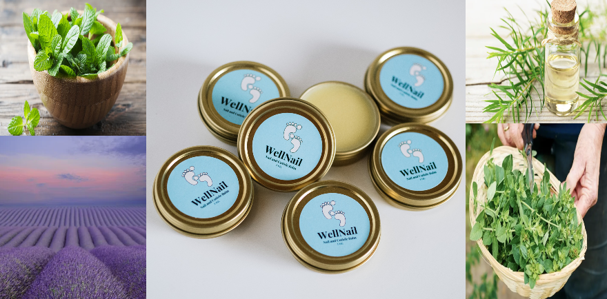 Jars of balm with herbal ingredients like mint, lavender, and tea tree.