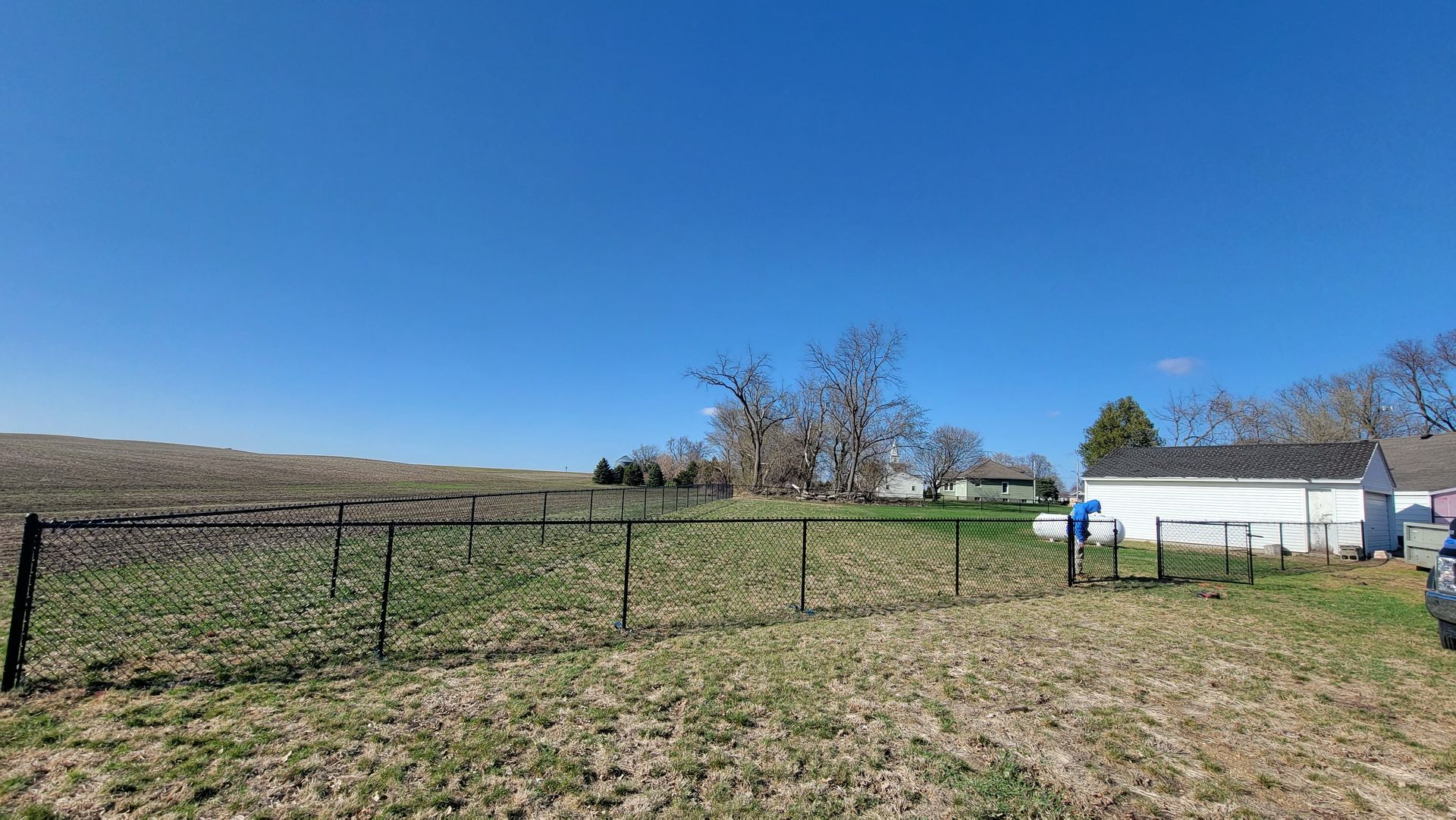 Grassy field with a black fence, leafless trees, and a white house under a clear blue sky.