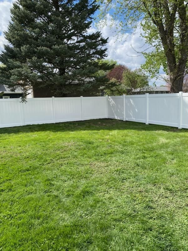 Backyard with green lawn, white vinyl fence, and tall trees under a partly cloudy sky