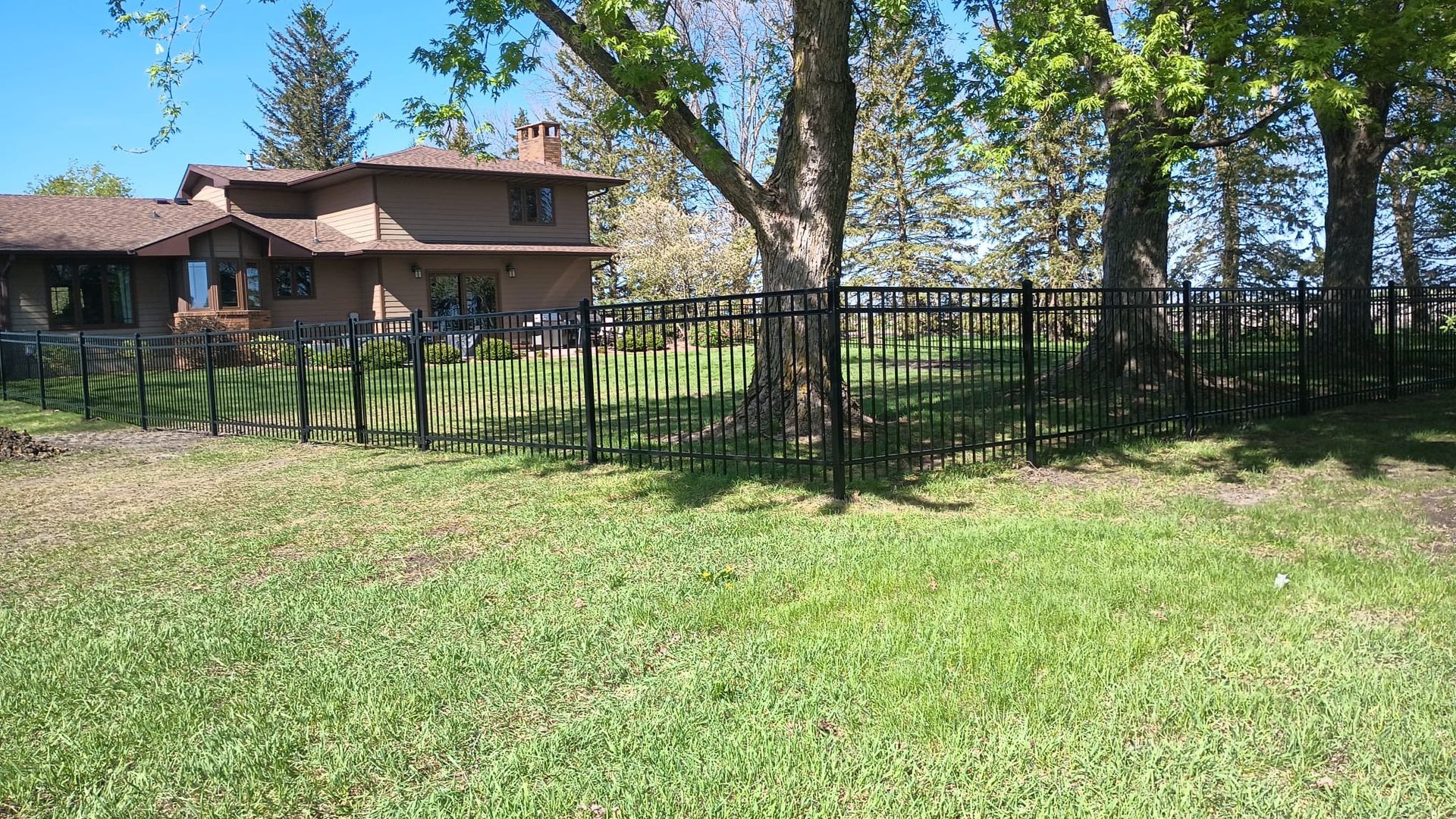 Black metal fence in a grassy yard beside a house with trees and blue sky.