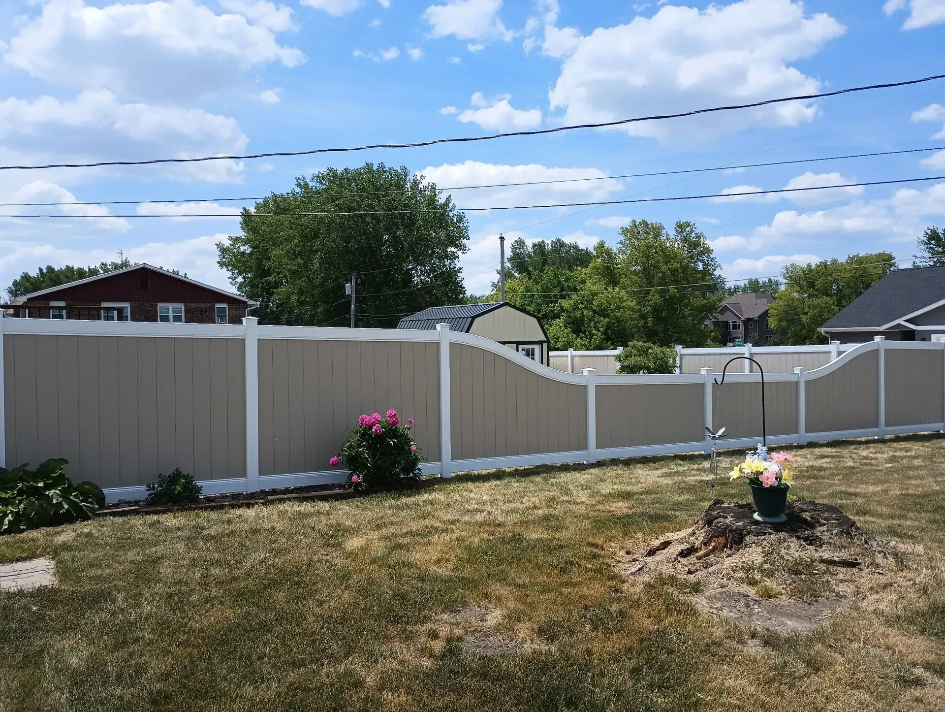 Backyard with beige fence, dry grass, pink flowers, and a small pile of dirt under a blue sky