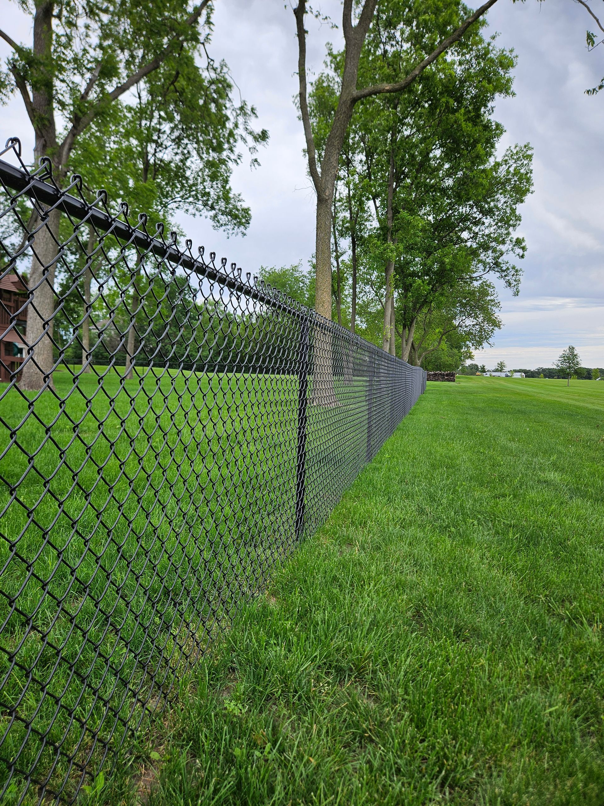 Chain-link fence beside a bright green lawn and trees under a cloudy sky