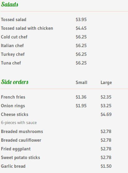 Sides and salads menu