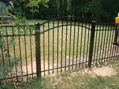 Black metal gate in a grassy yard, with a tree-lined park in the background.