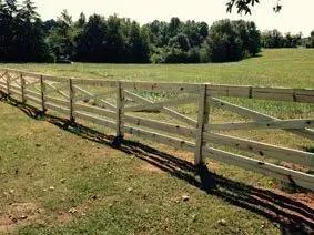 Wooden fence bordering a grassy field with trees in the background