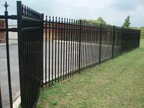 Black metal fence with spear-top pickets along a grassy roadside.