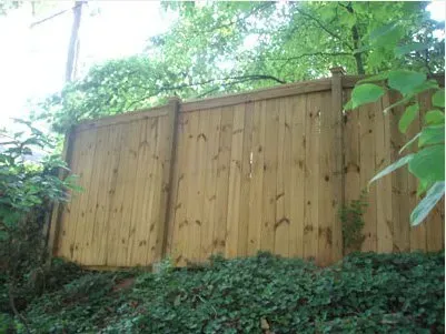 Wooden backyard privacy fence surrounded by green bushes and trees