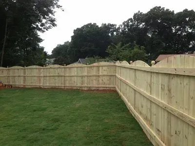 Wooden privacy fence enclosing a grassy backyard under overcast skies